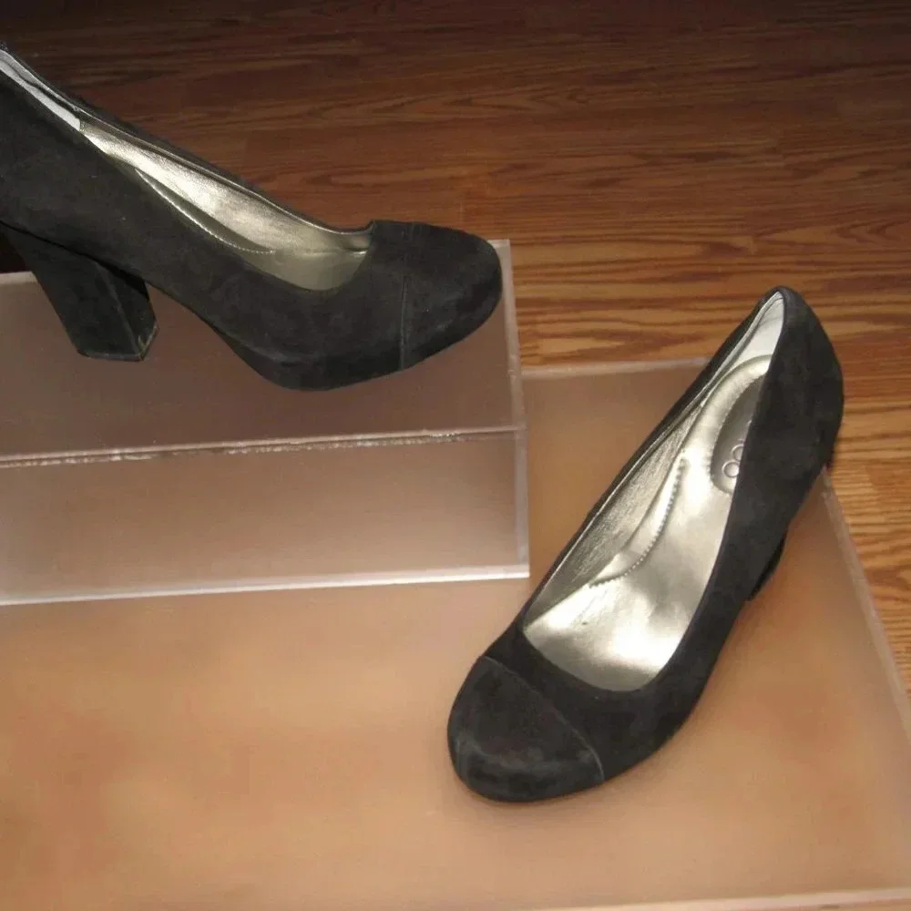 ME TOO Lust Black Suede Leather Pumps Block Heels Shoes Size 9M